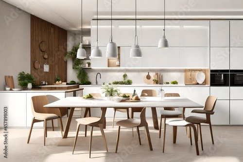 3d rendering Interior of light kitchen with dining table and white counters