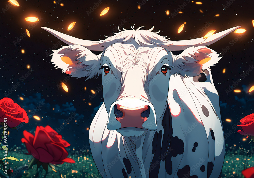 A cow in a field with red roses
