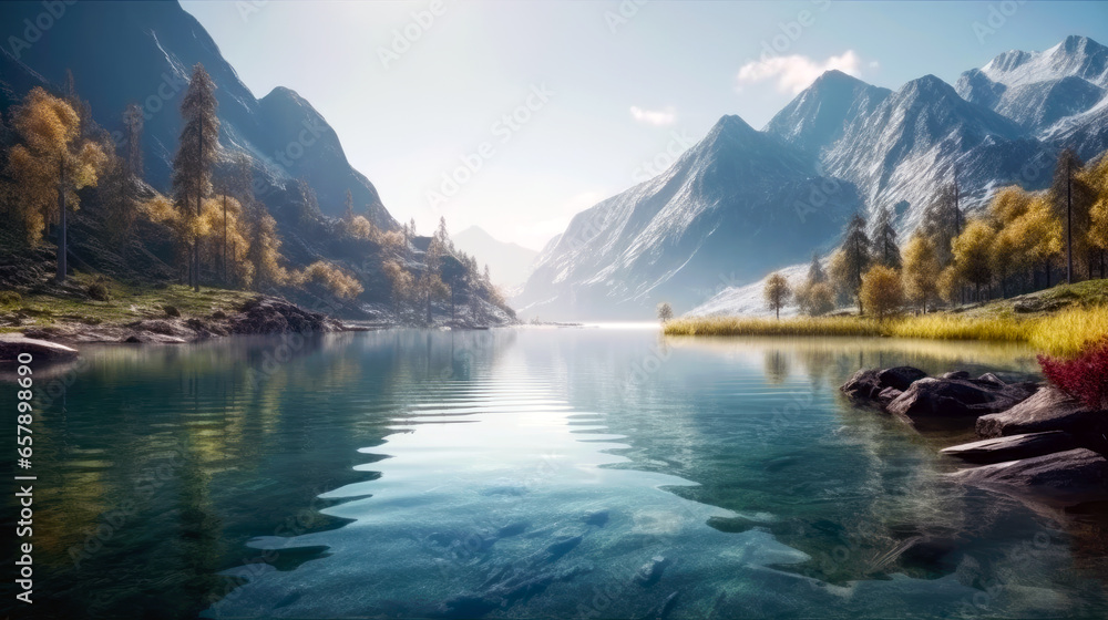 Peaceful alpine mountain and lake landscape photo. Generative AI