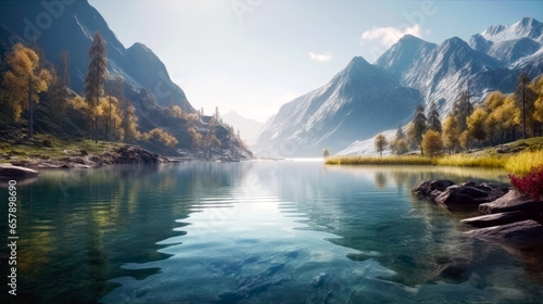 Peaceful alpine mountain and lake landscape photo. Generative AI © designermetin