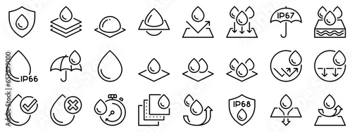 Icon set about waterproof and absorbency. Line icons on transparent background with editable stroke.