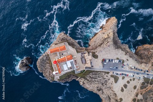 Saint Vincent Cape and Lighthouse, Portugal. Aerial drone view at sunset