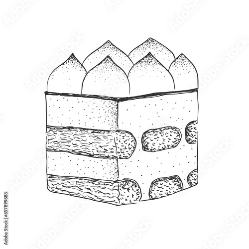 Sketch style tiramisu dessert. Engraving style tiramisu isolated on white background. Hand drawn dessert of ladyfingers cookies and mascarpone cheese