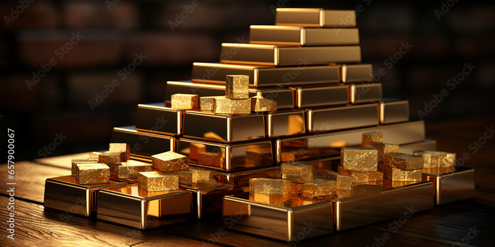 Gold Barren gestapelt als Querformat für Banner, ai generativ Gold Barren gestapelt als Querformat für Banner, ai generativ