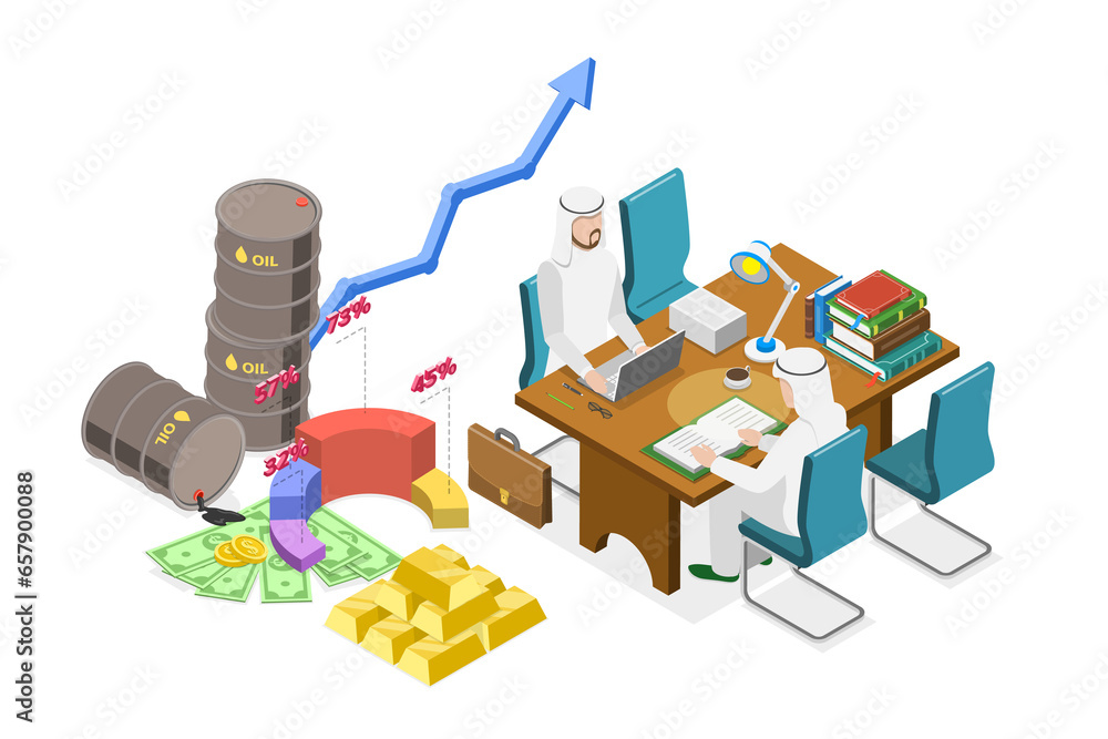 3D Isometric Flat  Conceptual Illustration of Oil Business, Saudi Businessmen Meating