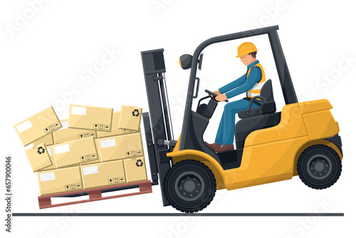 Dangers of driving a forklift. Industrial worker in an accident with boxes falling on the fork lift truck. Work accident in a warehouse. Security First. Industrial Safety and Occupational Health