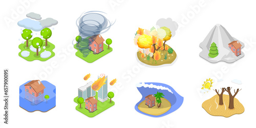 3D Isometric Flat  Conceptual Illustration of Climate Change, Natural Disasters Set photo