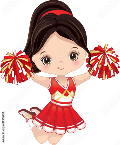 Vector Cute Cheerleader with Pom Poms Jumping 