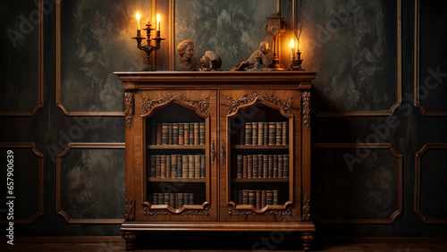 Antique wooden bookcase in the interior. Generation AI