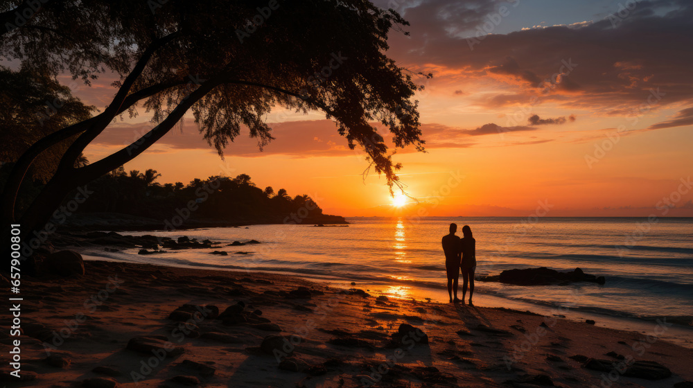 silhouette of a couple walking on the beach silhouette of a couple walking on the beach