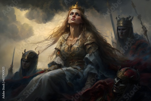 The Slavic goddess Bereginya sits on the clouds weeping and watching as her sons die on the hill in battle two brothers modern soldiers wounding each others weapons Tragic Epic Action Scene 