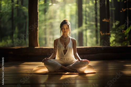 A Hispanic, brunette woman meditating in beautiful light in the middle of a forest. photo
