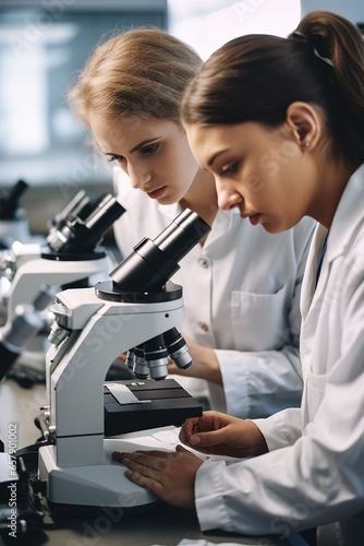 College students using microscope conducting scientific experiment in laboratory. Generative AI
