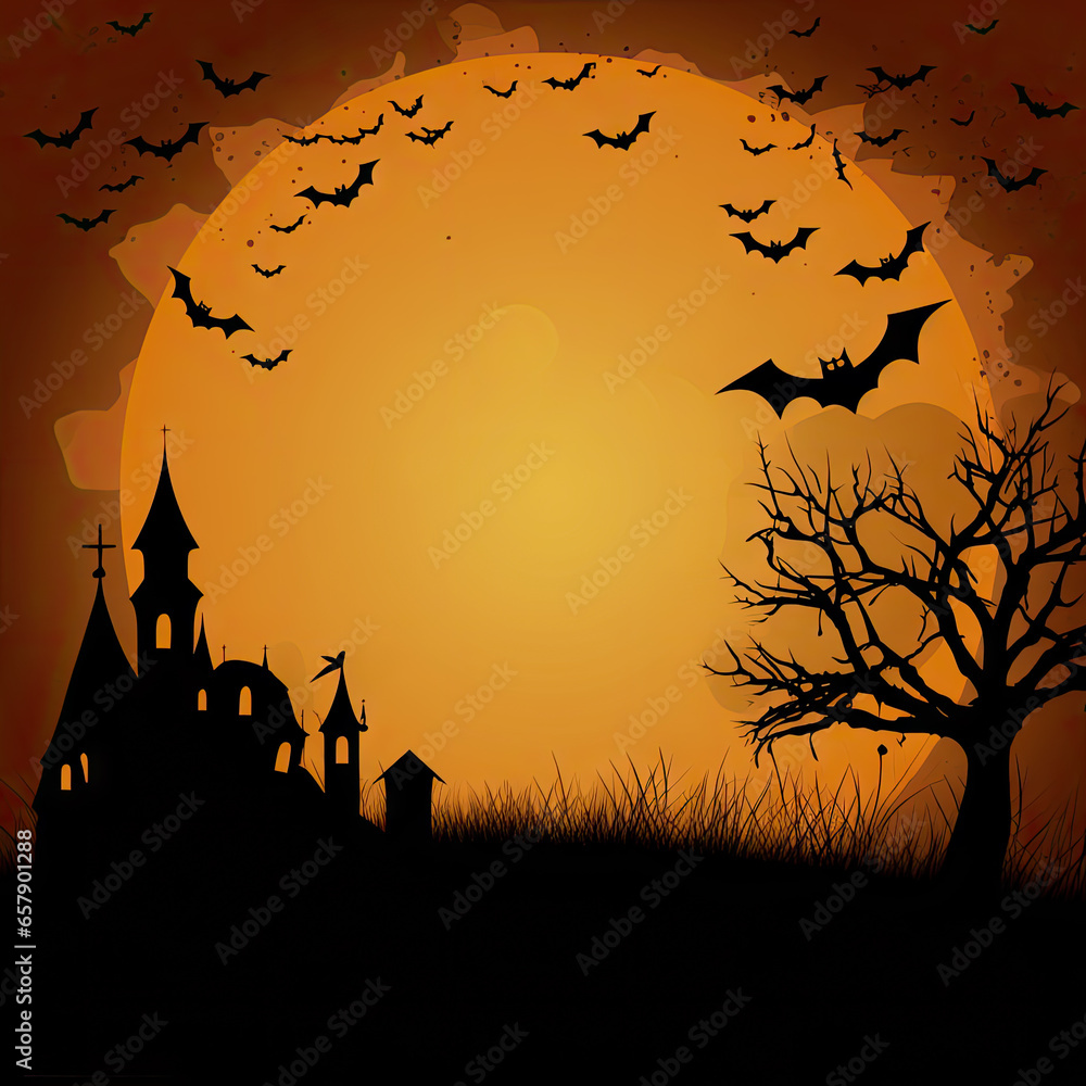 Halloween invitation card concept. Spooky forest with castle on full moon background, dark black trees with scarry branches, bats, orange color. Copy space for text. Horror night