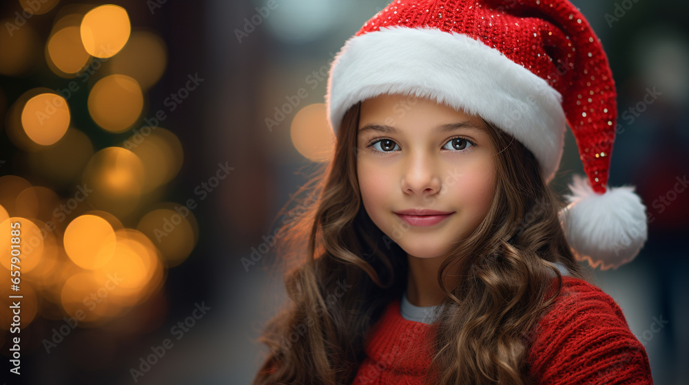 Christmas photograph of a beautiful girl smiling wearing a red sweater and a Santa Claus hat on an out of focus background with bokeh lights, Generative AI Christmas photograph of a beautiful girl smiling wearing a red sweater and a Santa Claus hat on an out of focus background with bokeh lights, Generative AI