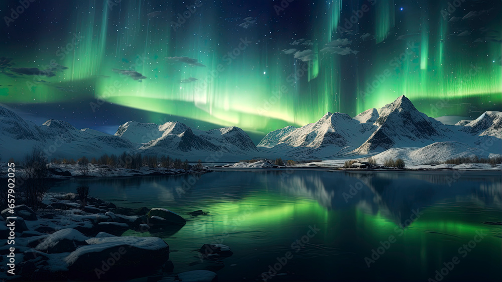 Beautiful northern lights over the islands. Generation AI