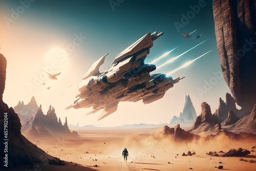 Fototapete An advanced minimalistic spaceship having a dogfight against an entire fleet in