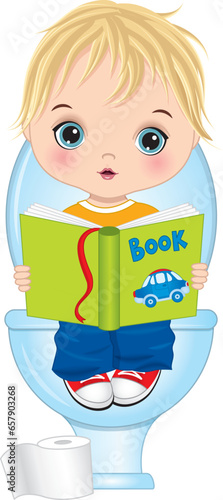 Cute Little Boy Sitting on Toilet with Book. Vector Potty Training