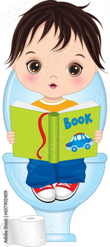 Cute Little Boy Sitting on Toilet with Book. Vector Potty Training