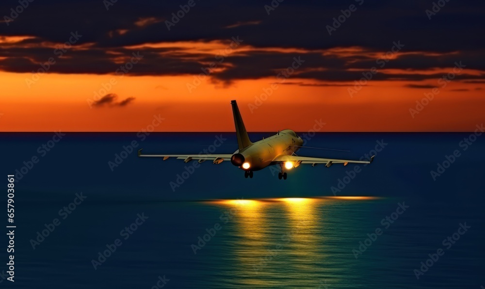 Night Flight. Jet Aircraft Over The Sea At Dusk. Night Flight. Jet Aircraft Over The Sea At Dusk.