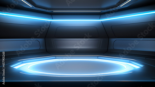 empty futuristic spacecraft interior with glowing blue neon lights © mr_marcom
