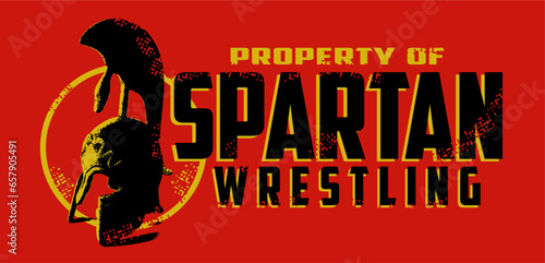 distressed property of spartan wrestling team design with helmet for school, college or league sports