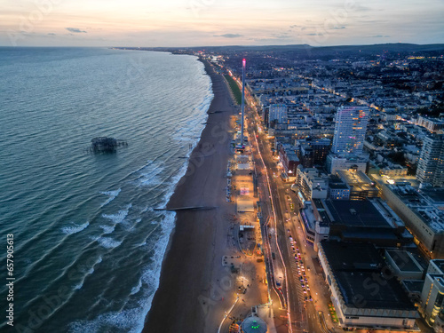 Brighton Sea front Beach early evening Aerial View Drone Shot
