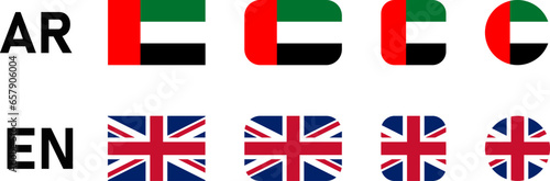 UAE United Arab Emirates and UK United Kingdom Flag Set with Rectangle and Square with Rounded Corners and Round Circle Flag Icon Set. Vector Image.