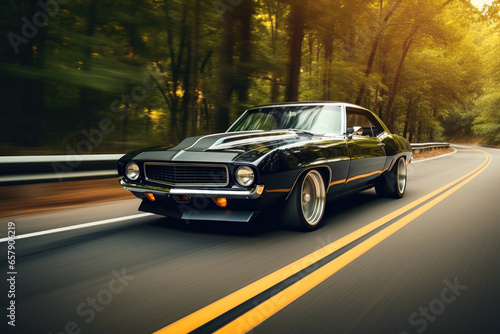 A classic muscle car revving its engine  capturing nostalgia and raw power.