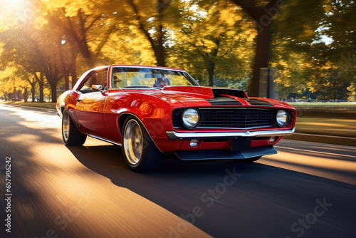 A classic muscle car revving its engine, capturing nostalgia and raw power. photo