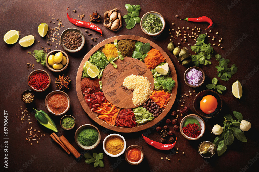 Diverse range of global cuisines. Spices and herbs in wooden bowls. Food and cuisine ingredients. Healthy food concept. 