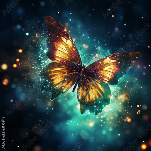 a butterfly with glowing colors in the background of green and yellow © alex
