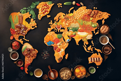 Diverse range of global cuisines. Top view of world map made of food ingredients and vegetables. World Food Concept with World Map Made of Fruits and Vegetables.