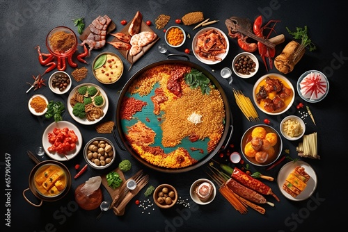 Diverse range of global cuisines. Top view of world map made of food ingredients and vegetables. photo