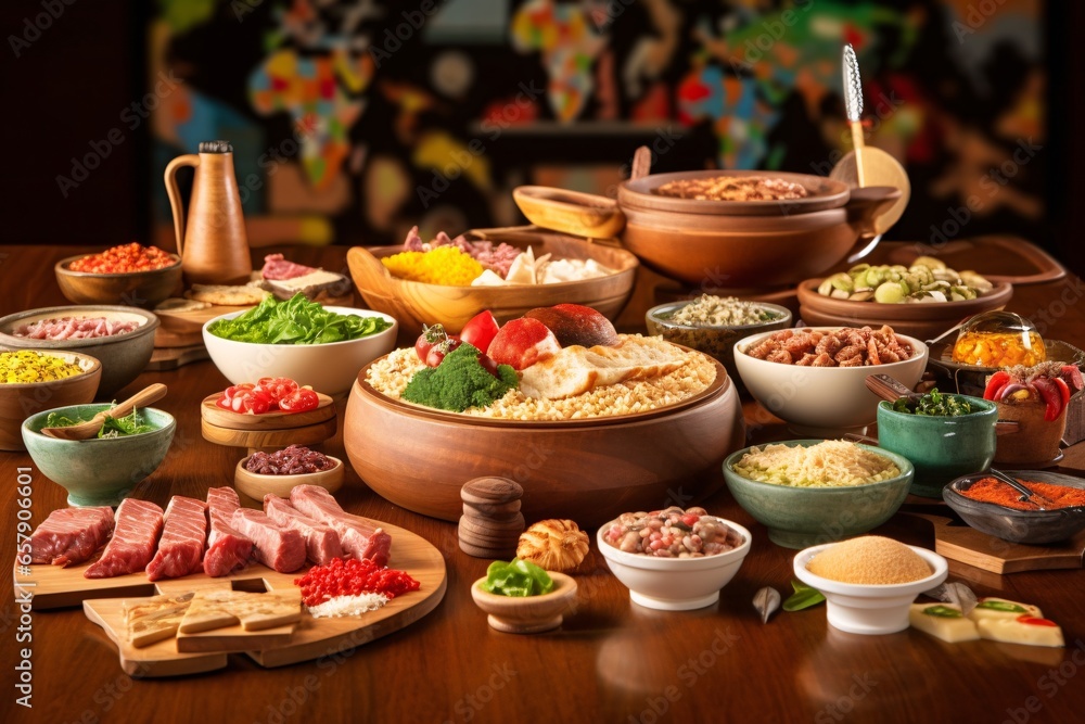 Fototapeta premium Diverse range of global cuisines. Top view of food ingredients and vegetables