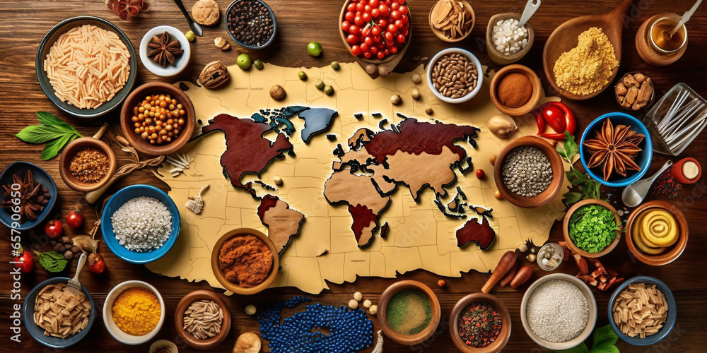 World map made of different spices and herbs on dark background, top view. Diverse range of global cuisines. - obrazy, fototapety, plakaty 