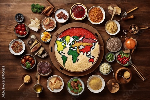 World map made of different spices and herbs on dark background, top view. Diverse range of global cuisines.