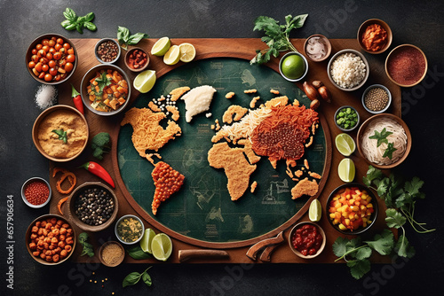 World map made of different spices and herbs on dark background, top view. Diverse range of global cuisines.