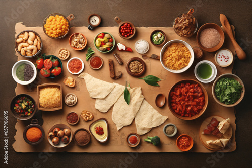 Diverse range of global cuisines. Top view of food ingredients and vegetables