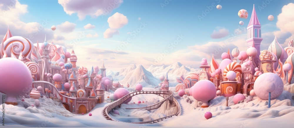 Winter wonderland depicted in a with colorful cartoon amusement park and candy land augmented by dazzling starburst effects - obrazy, fototapety, plakaty 