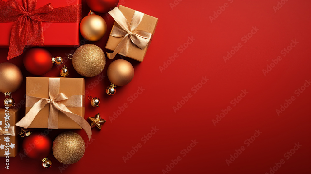 Christmas gifts pine cones and fir branches on a red background, Christmas banner, Christmas sale, Generative AI Christmas gifts pine cones and fir branches on a red background, Christmas banner, Christmas sale, Generative AI
