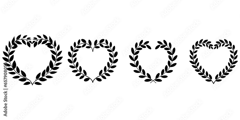 Flat style emblem of a set of black silhouette heart-shaped laurel, foliate, wheat and oak wreaths depicting award, achievement, heraldry, nobility. Floral greek branch included