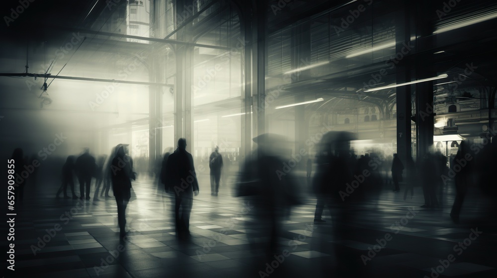 Train station with people motion blur view long exposure 