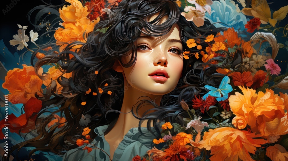 A brunette girl with chic locks surrounded by delicate flowers. The aroma of wanderlust among flowers and aromas.
