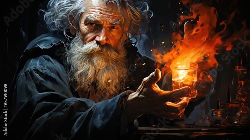 An old man with a sphere of fire in his hands. Magical greatness.