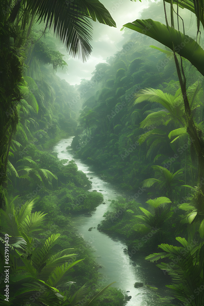 Hidden River in the Lush Greenery of the Rainforest. generative AI