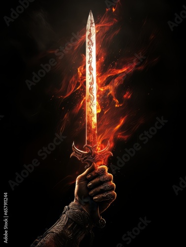 Fire sword in a male warrior's hand. AI photo