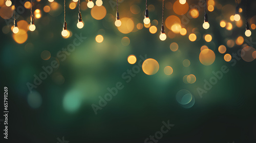 Christmas lighting and decorations. Garland of lights with bokeh effect and green background.