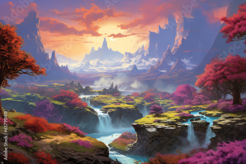 A Journey Through Nature: A Vibrant Colorful  Panoramic Painting of a Majestic Mountainous Landscape with a River (Wallpaper) © Jewily