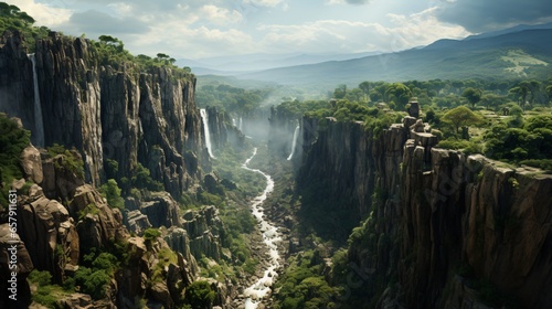 a long green river canyon with waterfalls